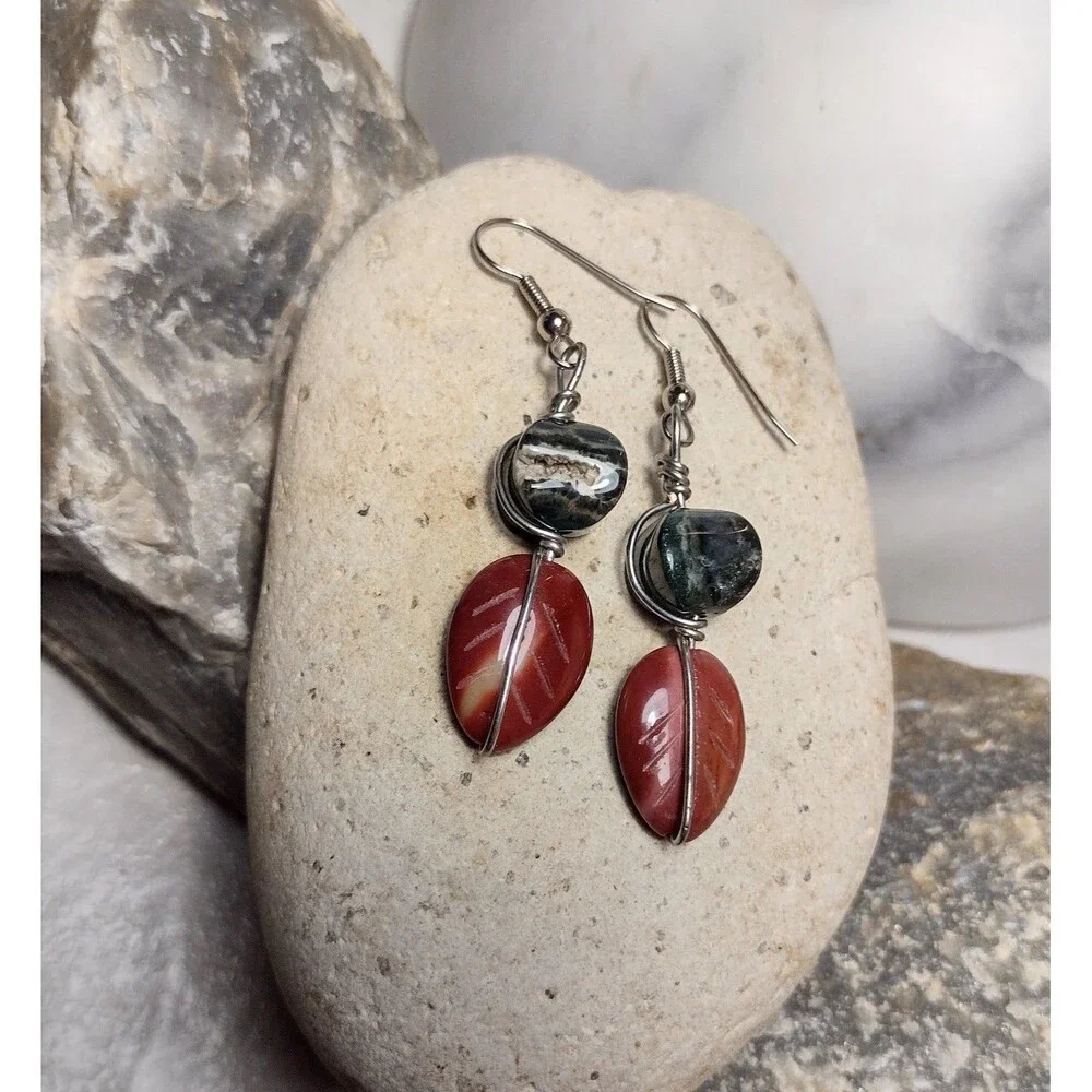 Carved Jasper Leaf Stone Geode Dangle Earrings